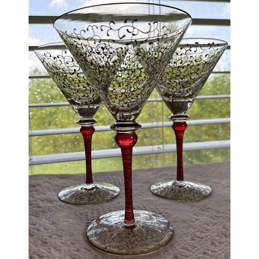 Rioja Pier 1 Imports Ruby Red Gold Scroll Crystal Martini Glasses Set of 3 VTG